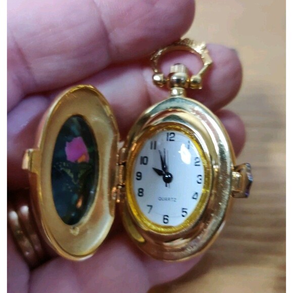 Vintage Oval Etched Quartz Pocket Watch Gold tone Pendant Not Working Butterfly